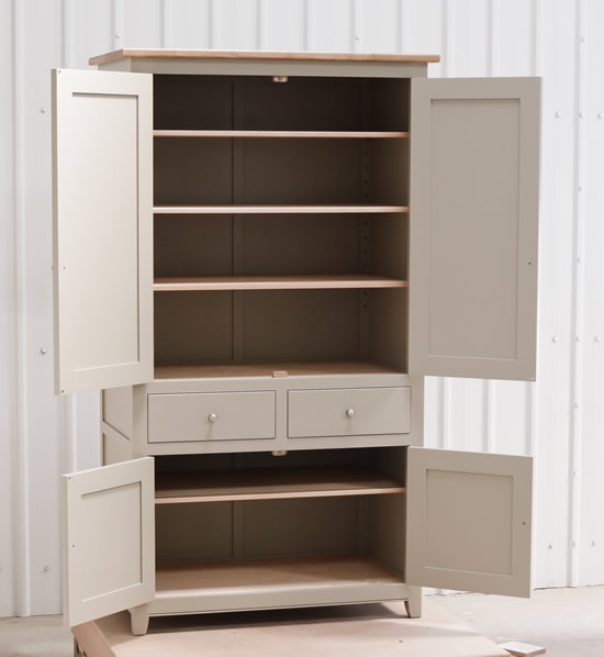 Larder cupboard handpainted in Farrow and Ball Estate Eggshell - Light Gray. Tulip wood carcass construction with birch ply panels and shelves. Oak dovetailed drawers and oak cornice. Larder cupboard handpainted in Farrow and Ball Estate Eggshell - Light Gray. Tulip wood carcass construction with birch ply panels and shelves. Oak dovetailed drawers and oak cornice.