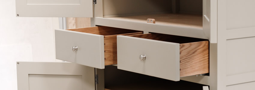 Larder cupboard handpainted in Farrow and Ball Estate Eggshell - Light Gray. Tulip wood carcass construction with birch ply panels and shelves. Oak dovetailed drawers and oak cornice. Larder cupboard handpainted in Farrow and Ball Estate Eggshell - Light Gray. Tulip wood carcass construction with birch ply panels and shelves. Oak dovetailed drawers and oak cornice.