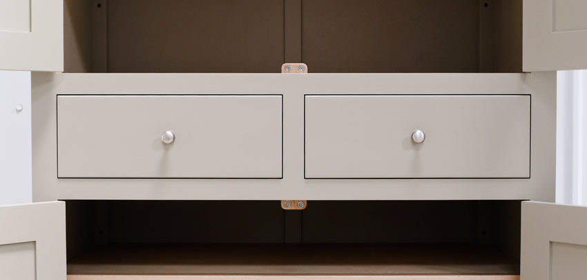 Larder cupboard handpainted in Farrow and Ball Estate Eggshell - Light Gray. Tulip wood carcass construction with birch ply panels and shelves. Oak dovetailed drawers and oak cornice.