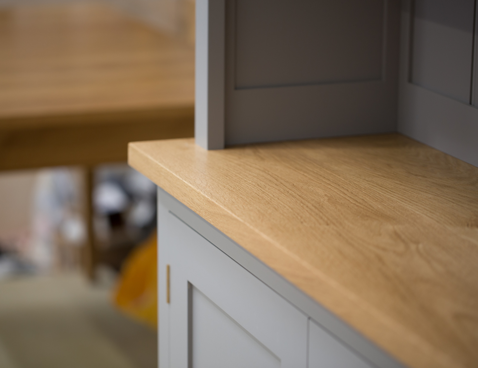 Dresser handpainted in Farrow & Ball Estate Egshell - 'Worsted'. Tulip wood frame with birch ply panels. Oak veneered and lipped birch ply shelves. Hand-turned hardwood knobs. Traditional brass butt hinges with bespoke soft close function. Adjustable 'hidden' levelling feet. Dresser handpainted in Farrow & Ball Estate Egshell - 'Worsted'. Tulip wood frame with birch ply panels. Oak veneered and lipped birch ply shelves. Hand-turned hardwood knobs. Traditional brass butt hinges with bespoke soft close function. Adjustable 'hidden' levelling feet.
