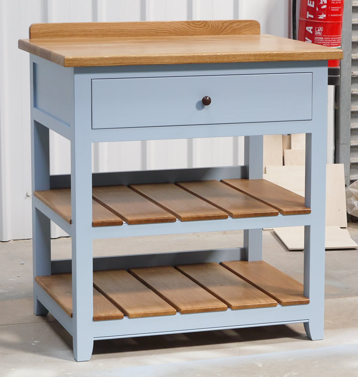 Freestanding slatted shelf unit with oak top and dovetasiled drawer sides and hand turned walnut knob. Hanpainted - Farrow & Ball, 'Lulworth Blue'.